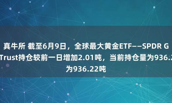 真牛所 截至6月9日，全球最大黄金ETF——SPDR Gold Trust持仓较前一日增加2.01吨，当前持仓量为936.22吨